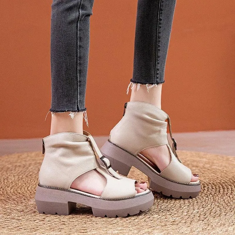 Leather Wedges Heels Gladiator Sandals Women's Casual Shoes GRCL0307