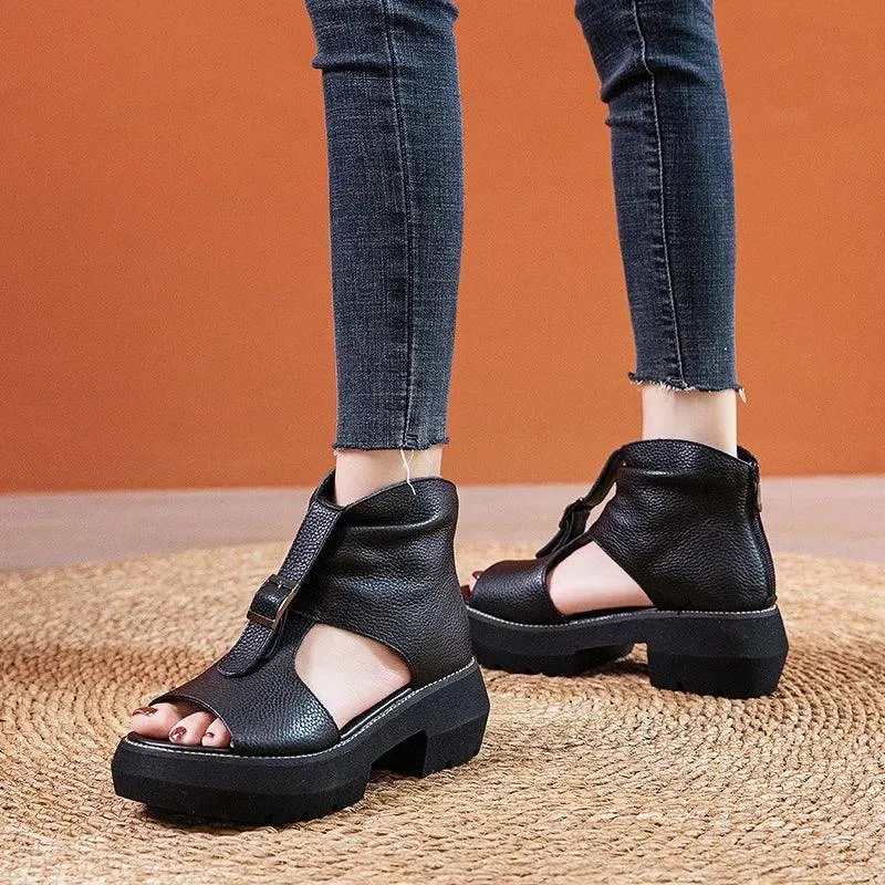 Leather Wedges Heels Gladiator Sandals Women's Casual Shoes GRCL0307