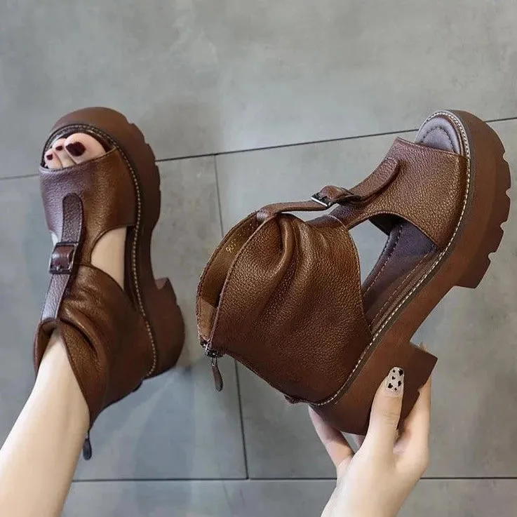 Leather Wedges Heels Gladiator Sandals Women's Casual Shoes GRCL0307
