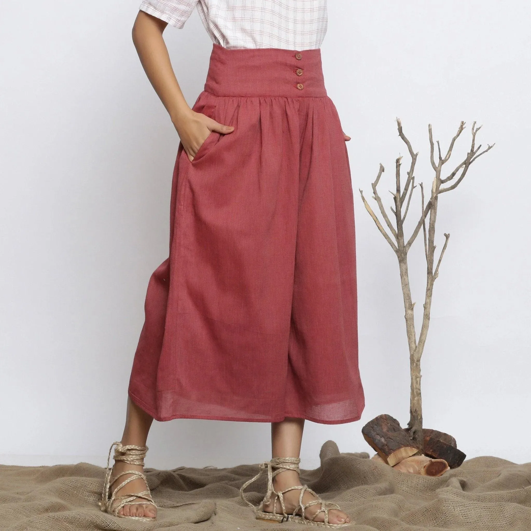 Maroon Handspun Cotton Muslin Flared High-Rise Pant