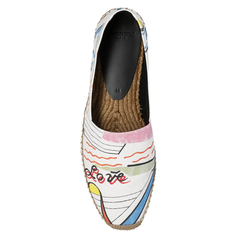 Saint Laurent Paris Men's 1980 In-Love Print Embroidered YSL Espadrille Sneakers in White Multicolor