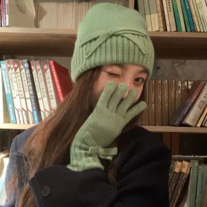 Sohiwoo Bowknot Knitted Beanies Caps Gloves Set For Women Winter Warm Skullies Hats Lady Outdoor Ski Coldproof Ear Protection Hat Bonnet