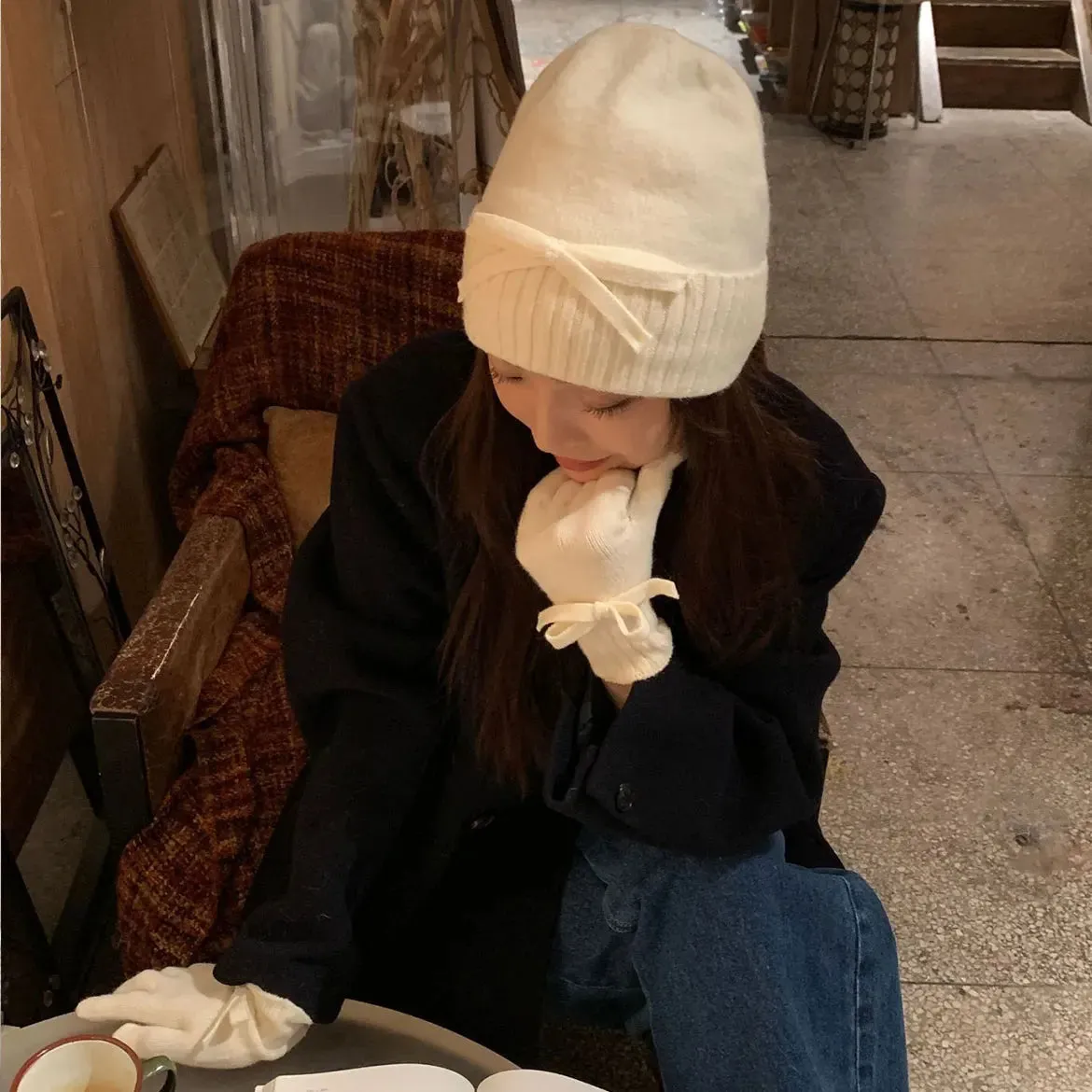 Sohiwoo Bowknot Knitted Beanies Caps Gloves Set For Women Winter Warm Skullies Hats Lady Outdoor Ski Coldproof Ear Protection Hat Bonnet