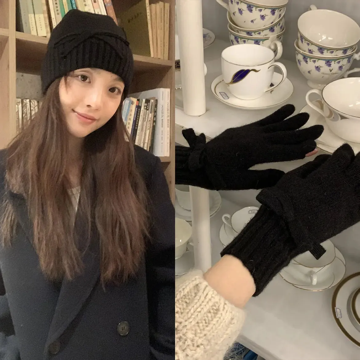 Sohiwoo Bowknot Knitted Beanies Caps Gloves Set For Women Winter Warm Skullies Hats Lady Outdoor Ski Coldproof Ear Protection Hat Bonnet