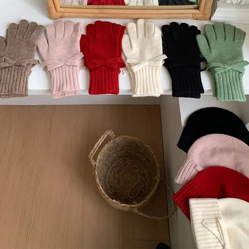 Sohiwoo Bowknot Knitted Beanies Caps Gloves Set For Women Winter Warm Skullies Hats Lady Outdoor Ski Coldproof Ear Protection Hat Bonnet