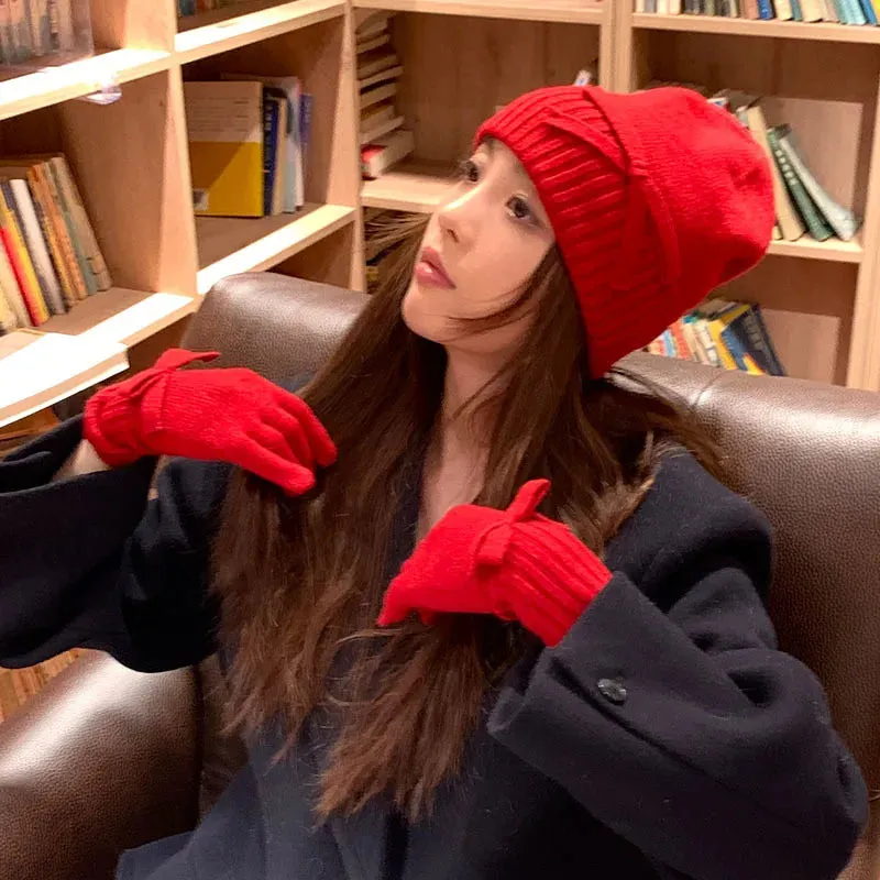 Sohiwoo Bowknot Knitted Beanies Caps Gloves Set For Women Winter Warm Skullies Hats Lady Outdoor Ski Coldproof Ear Protection Hat Bonnet