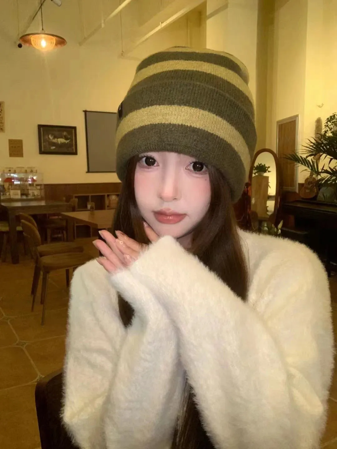 Sohiwoo Striped Knitted Beanies Hats For Women&Men Winter Plush Warm Skullies Hat Unisex Outdoor Coldproof Ski Ear Protection Caps Gorro