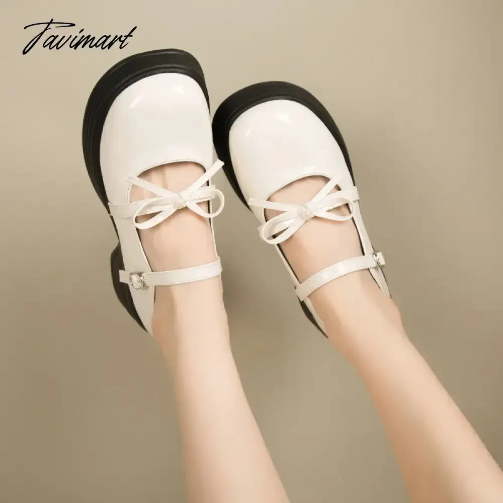 TAVIMART Lolita Shoes Women's Flat on Platform Patent Leather Shoes Round Toe Mary Janes Shoes Bow Designer Thick Sole Girls Shoes 1533N
