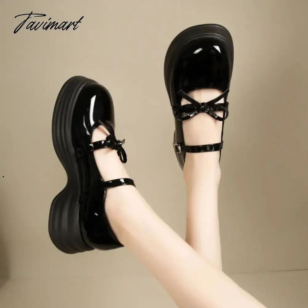 TAVIMART Lolita Shoes Women's Flat on Platform Patent Leather Shoes Round Toe Mary Janes Shoes Bow Designer Thick Sole Girls Shoes 1533N