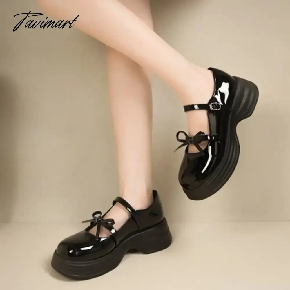 TAVIMART Lolita Shoes Women's Flat on Platform Patent Leather Shoes Round Toe Mary Janes Shoes Bow Designer Thick Sole Girls Shoes 1533N