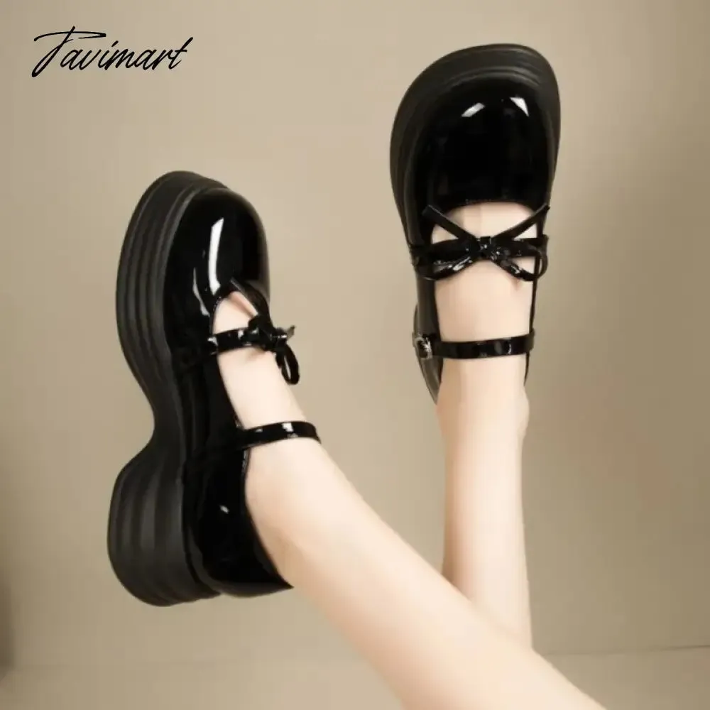 TAVIMART Lolita Shoes Women's Flat on Platform Patent Leather Shoes Round Toe Mary Janes Shoes Bow Designer Thick Sole Girls Shoes 1533N