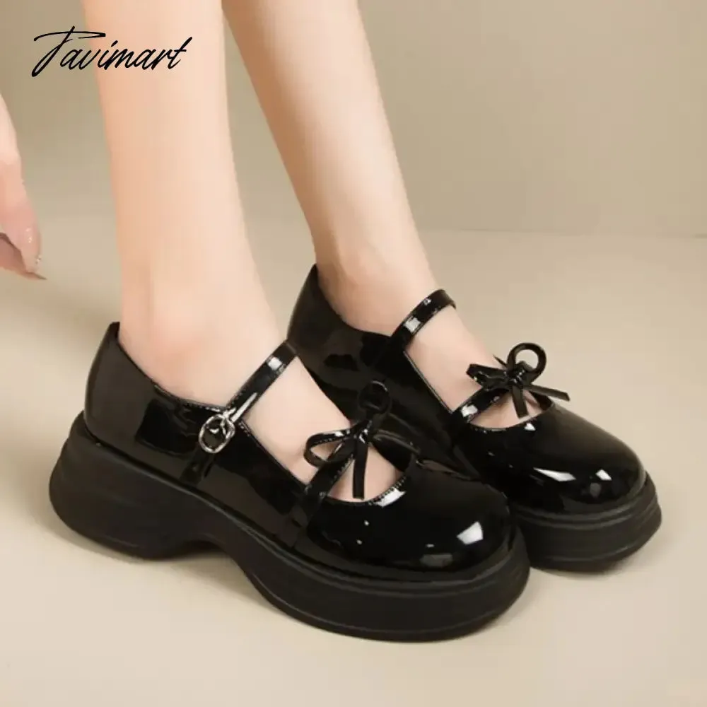TAVIMART Lolita Shoes Women's Flat on Platform Patent Leather Shoes Round Toe Mary Janes Shoes Bow Designer Thick Sole Girls Shoes 1533N