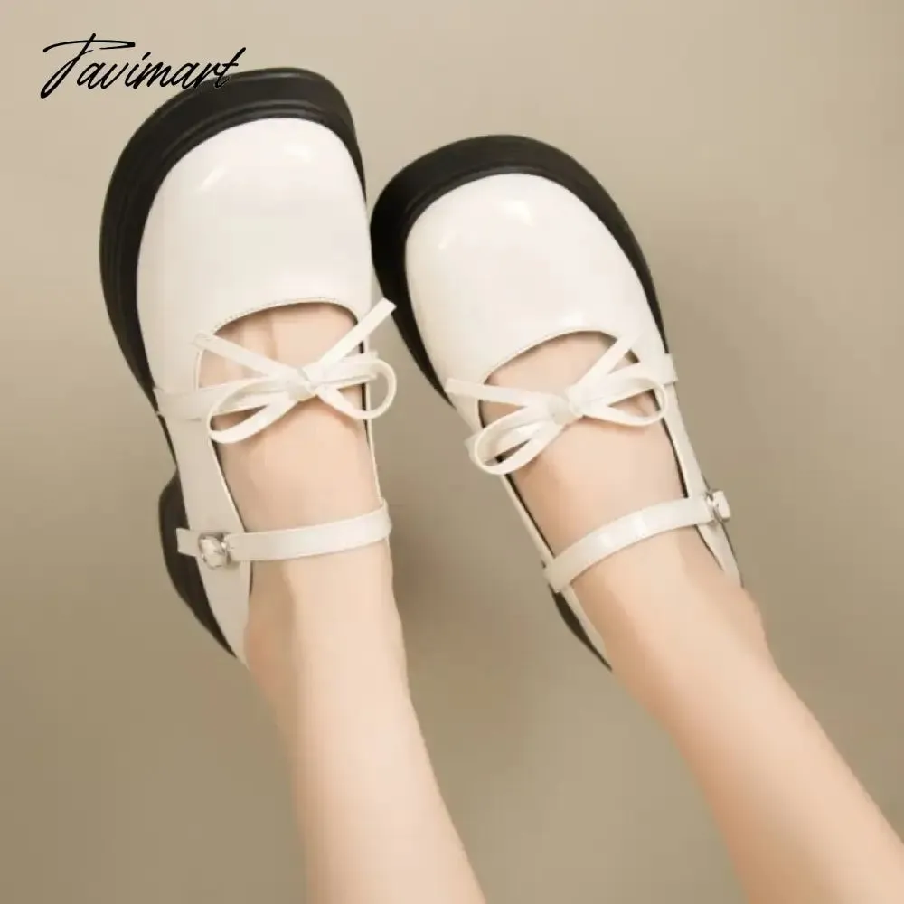 TAVIMART Lolita Shoes Women's Flat on Platform Patent Leather Shoes Round Toe Mary Janes Shoes Bow Designer Thick Sole Girls Shoes 1533N