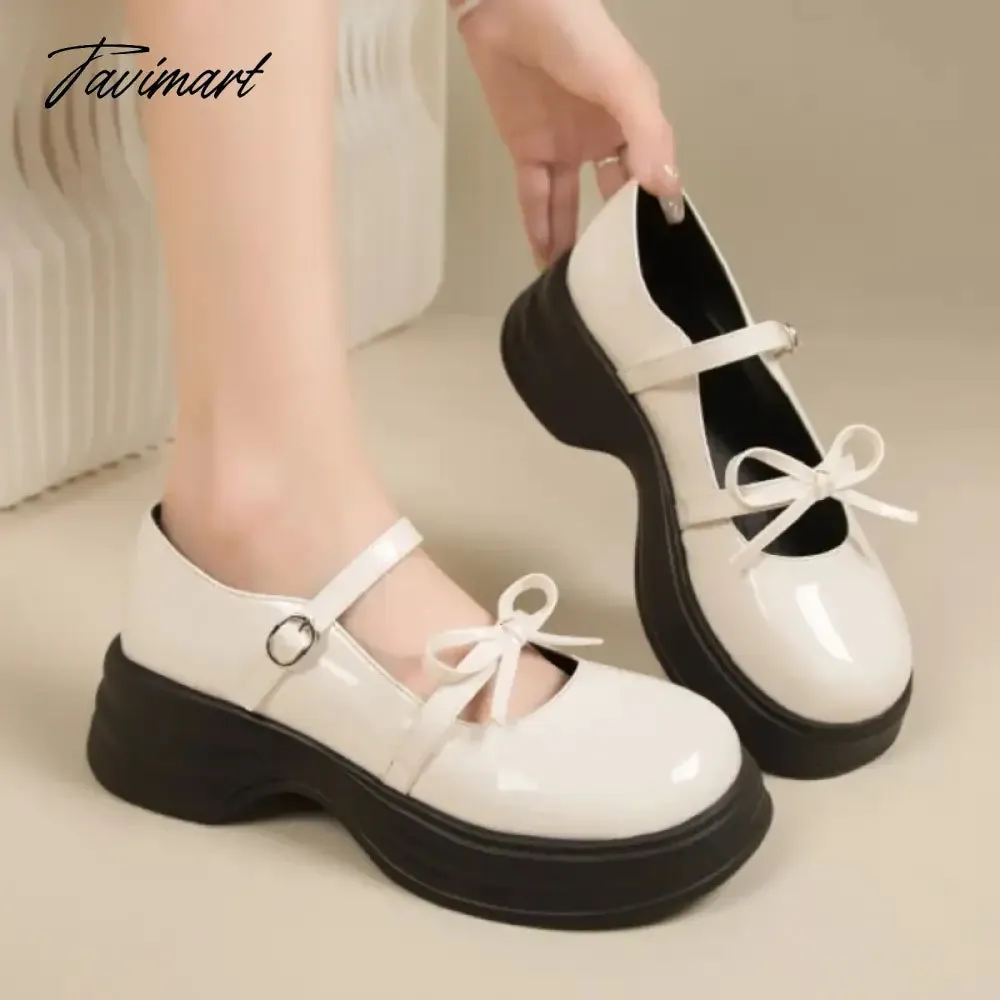 TAVIMART Lolita Shoes Women's Flat on Platform Patent Leather Shoes Round Toe Mary Janes Shoes Bow Designer Thick Sole Girls Shoes 1533N