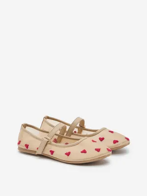 Yellow Beige Heart Embroidered Ballerina