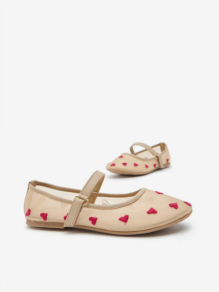 Yellow Beige Heart Embroidered Ballerina