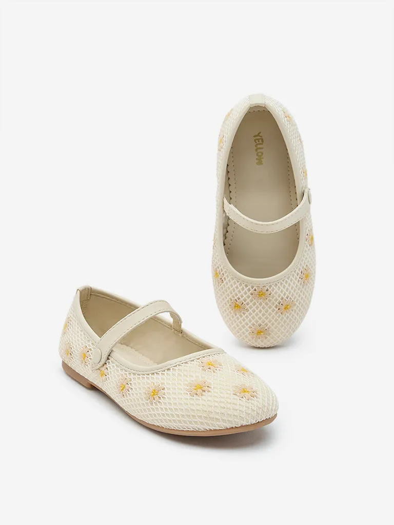 Yellow Off-White Floral Embroidered Ballerina